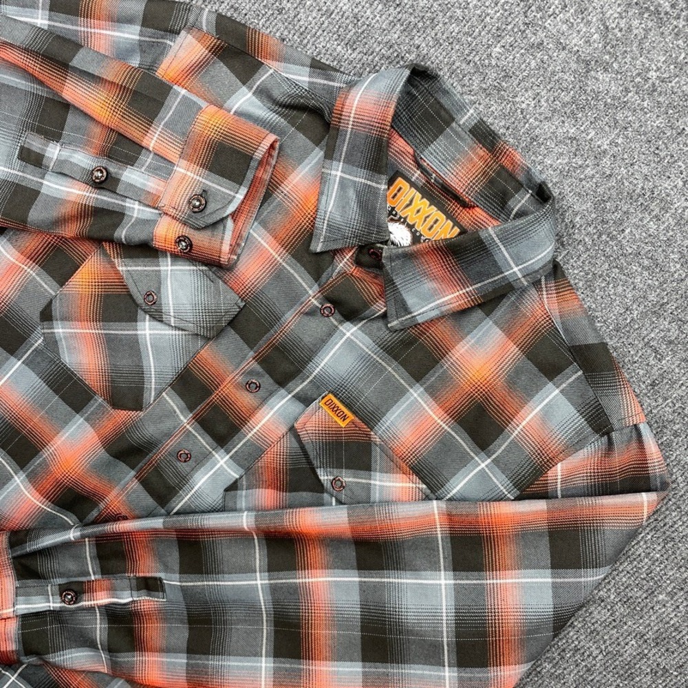 Dixxon Flannel Co 120 Years Plaid Button Up Shirt Orange Grey Black Mens Medium